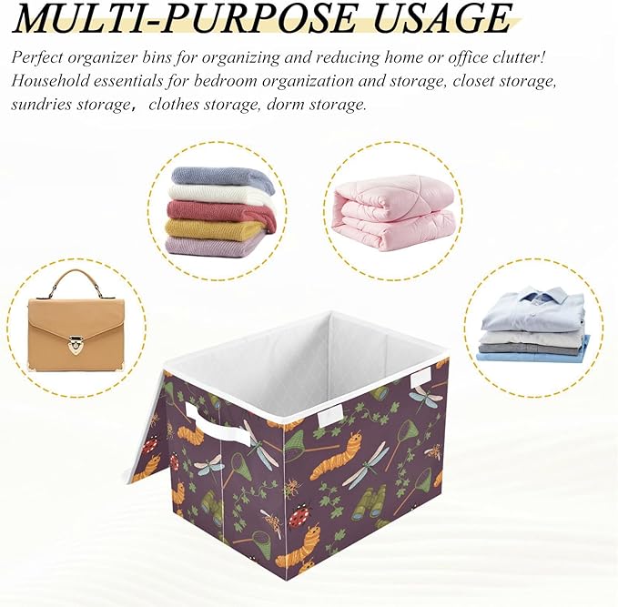 Dragonfly Net Binoculars Caterpillar Storage Bins with LidsLeaves Insect Foldable Storage Basket with Handles Collapsible Large Fabric Organizer Containers for Clothes Shelves Closet Office Ho