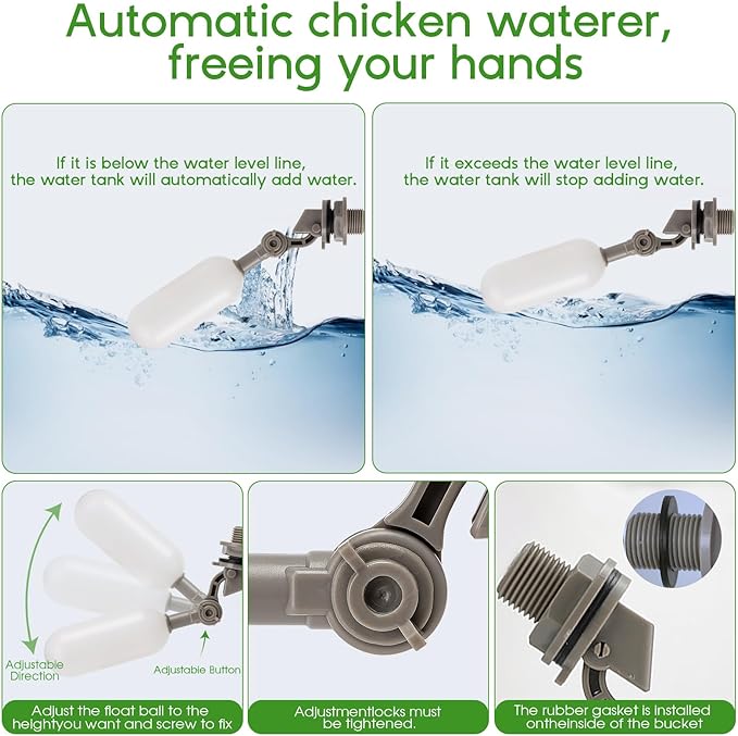 Automatic Chicken Waterer, Float-Controlled Large Waterer with Four Water Cups and Stainless Steel Metal Hose; Suitable for Quail, Ducks, and Other Poultry.