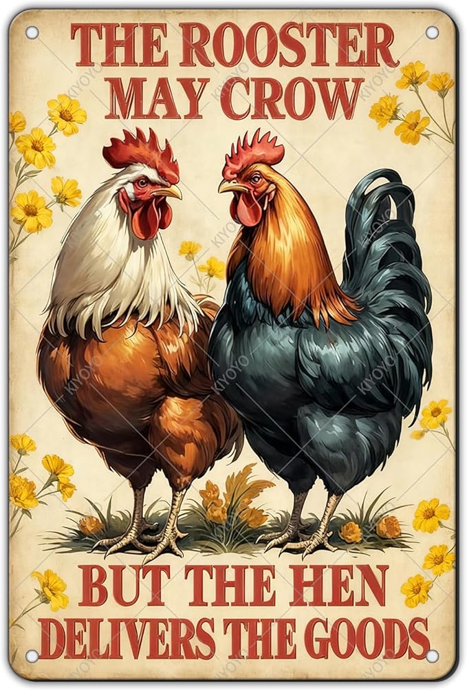 Funny Rooster Signs The Rooster May Crow But The Hen Delivers The Goods Rustic Tin Sign for Home Farm Chicken Coop Decor 12x8 Inch