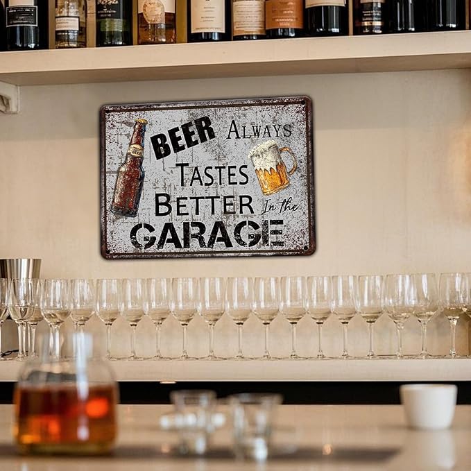 Bar Metal Sign Vintage Beer Always Tastes Better in the Garage Tin Sign 12x8 Inch Beer Metal Poster Wall Decor Home Kitchen Garden Bar Pub Restaurant Garage Man Cave