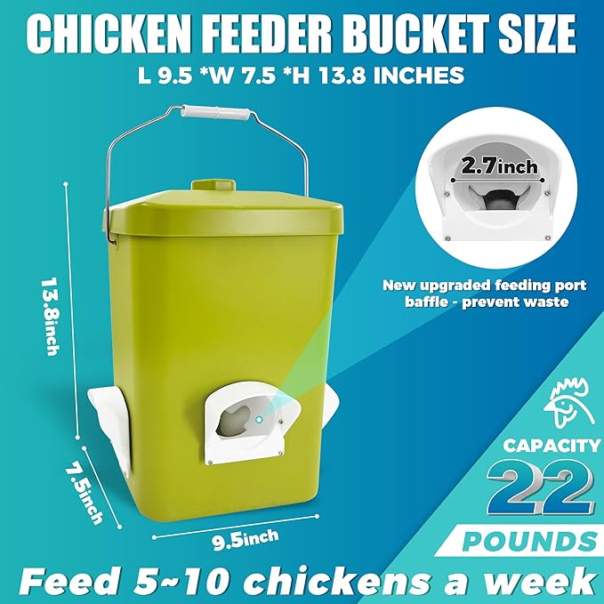 Automatic Chicken Feeder and Waterer Set 3 Gallon/25 Pounds No Waste Poultry Feeder Rain Proof Large Chicken Feeders Chicken Coop Accessories (Grass Green and White)