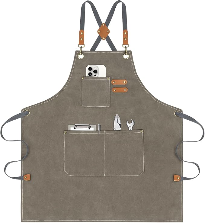 AOLEBA Aprons for Men & Women,Canvas Chef Apron with Cross Back Adjustable,For Kitchen, Garden, Cafe, Gifts for Dad Father Men, M-XXL (Grey Brown)
