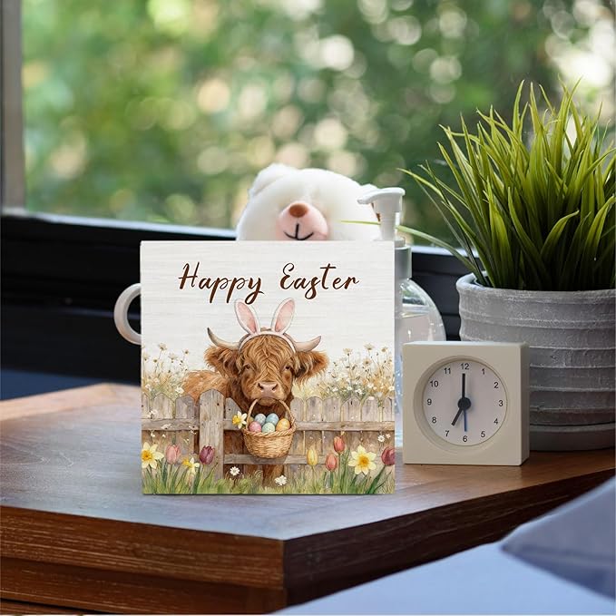 Happy Easter Highland Cow Wooden Box Sign Desk Decor, Spring Wildflower Easter Egg Farm Highland Cow Wood Signs for Home Office Desk Table Shelf Decorations, 5x5 Inch