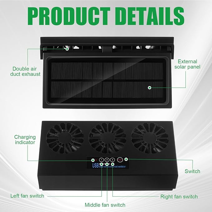 2 Pack Solar Powered Car Exhaust Fan 3 Fans Car Window 4500 RPM Air Vent Radiator Solar Energy Cooling Vent Exhaust for General Types(Rechargeable & Solar 3 Fans,Black)