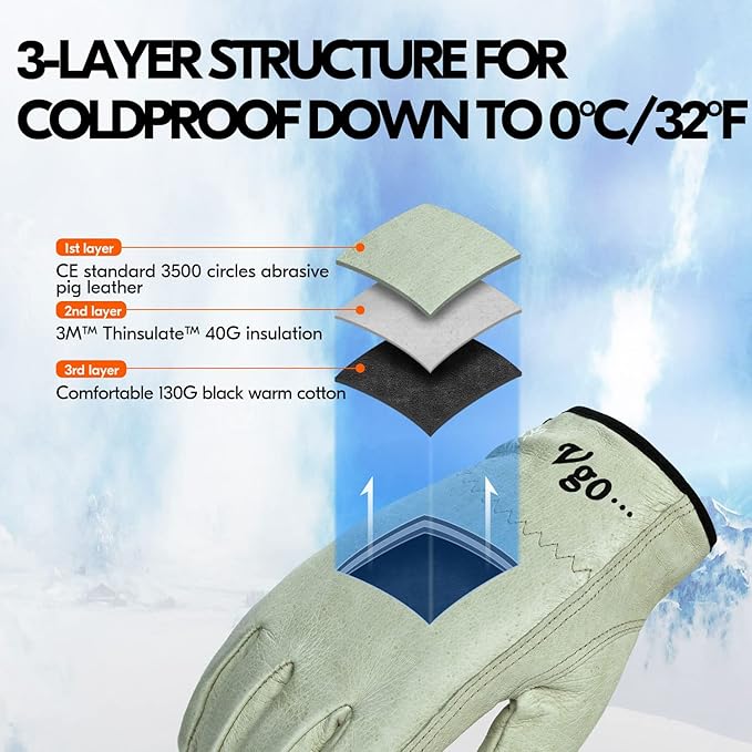 Vgo... 1 Pair 32℉ Lined Pigskin Leather Work and Driver Gloves, For Heavy Duty, Truck Driving, Warehouse, Gardening, Farm (Size M, Light Cyan, PA9501F)