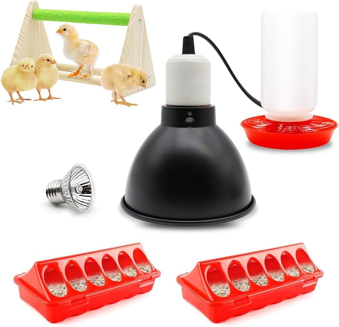 Chick Feeder and Waterer Kit with 75W Heat Lamp, Starter Kit for Brooder, Baby Chicken Supplies for Baby Chick, Duck and Quail