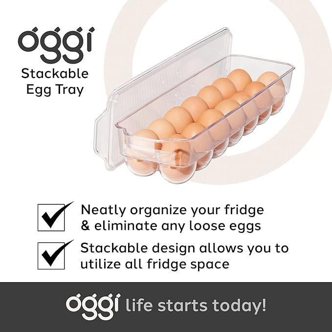 OGGI Stackable Covered Egg Holder - Kitchen Organization, Fridge Organizer, Food Storage, Clear Stackable Storage Bins, 14 Egg Tray