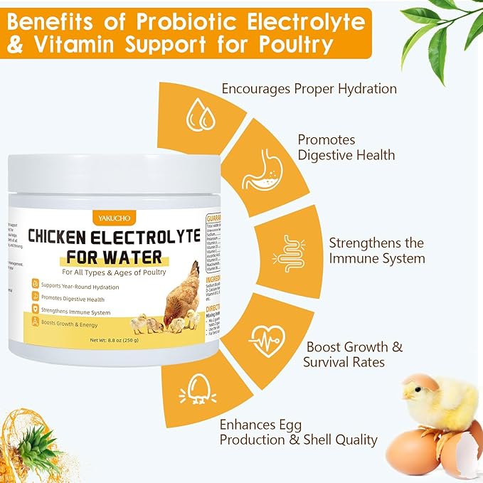 Yakucho Chicken Electrolytes for Water, Poultry Vitamins with Probiotics, Hydration, Immunity & Digestive Support, for Chicks, Adult Birds, Chickens, Ducks & Turkeys, 8.8oz Chicken Supplement Powder