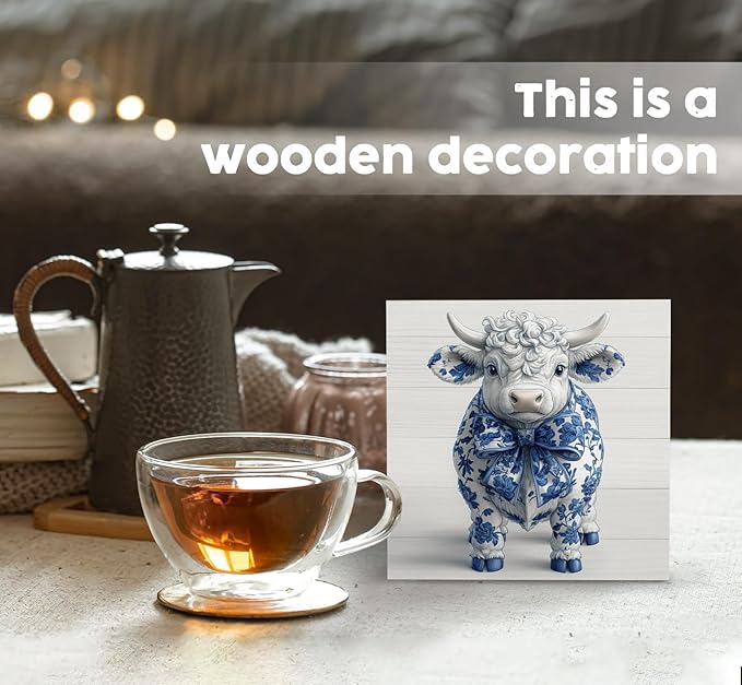 Blue and White Chinoiserie Cow Wooden Signs, Grand Millenial Bow Blue Cow Floral Home Decor Signs, Chinoiserie Porcelain Desk Decorations, Farmhouse Animal Office Kitchen Bathroom Decor