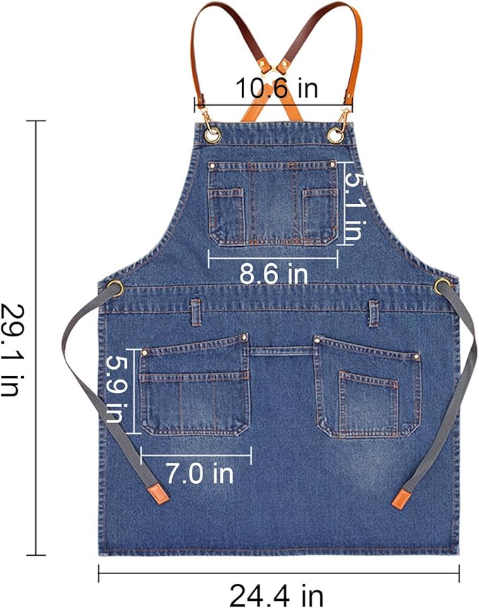 Denim Work Apron Adjustable Cross Back Gardening Aprons Multiple Pockets Men Women Restaurants, Cafes, BBQ