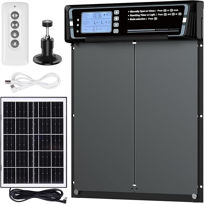 Automatic Chicken Coop Door with Timer & Light Sensor，5000mAh Battery & 3.7W Solar Panel，Anti-Pinch Auto coop Door, Weatherproof for Backyard Chicken Coop (Gray)
