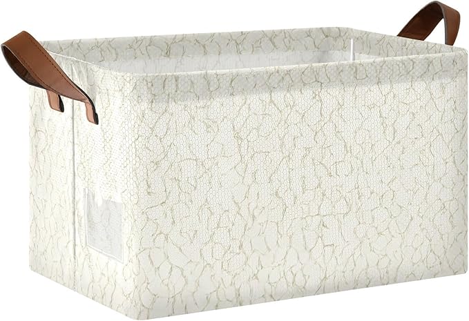 Parchment Grain Pattern Foldable Storage Basket with Handle, Storage Bins with Metal Frame, Fabric Shelf Baskets, Closet Organizers for Clothes, Books, 16.9 x 11.4 x 10 Inch,2-Pack