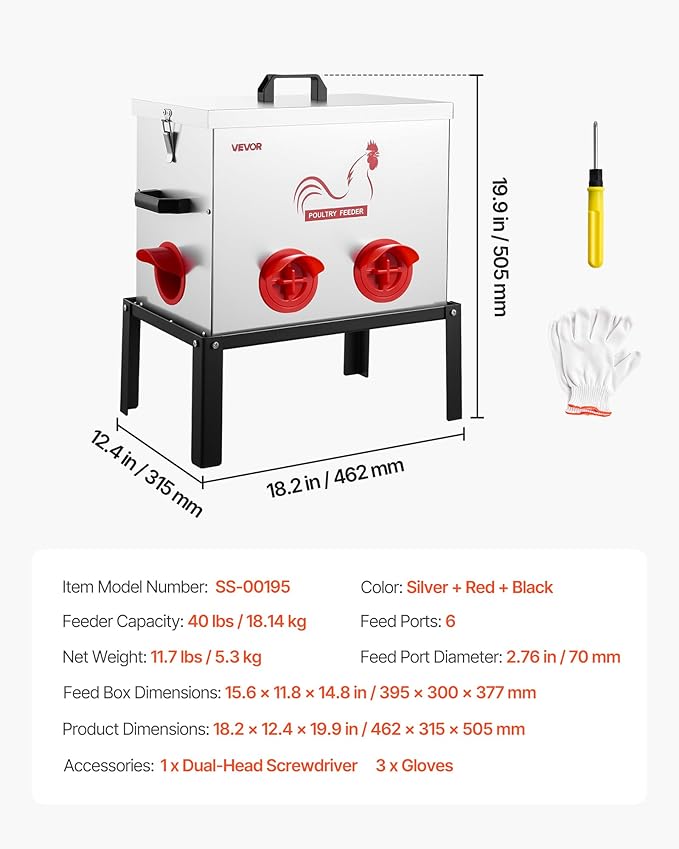VEVOR Automatic Chicken Feeder, 40 lbs Capacity, 6 Feeding Ports No-Waste Poultry Feeder with Built-in Divider, with Latch & Handle, Metal Construction, for Chickens Bantams Pheasants Poultry Coop