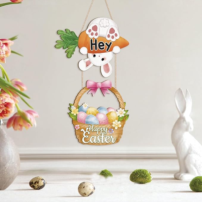 CHDITB Easter Bunny Wooden Sign, Happy Easter Wood Hanging Plaque With Carrot, Spring Rabbit Front Door Sign, Eggs Basket Wall Art Sign Hanger, Welcome Wall Decor For Outdoor Porch Yard Home Decor