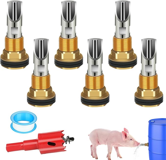 6PCS Pig Waterer Nipple, Automatic Pig Nipple Water Drinker for Barrel Kit, Stainless Steel Hog Water Drinker Feeder with Brass Waterer Tank Connectors Kit for Pig Goats Swine Piglets Drinking