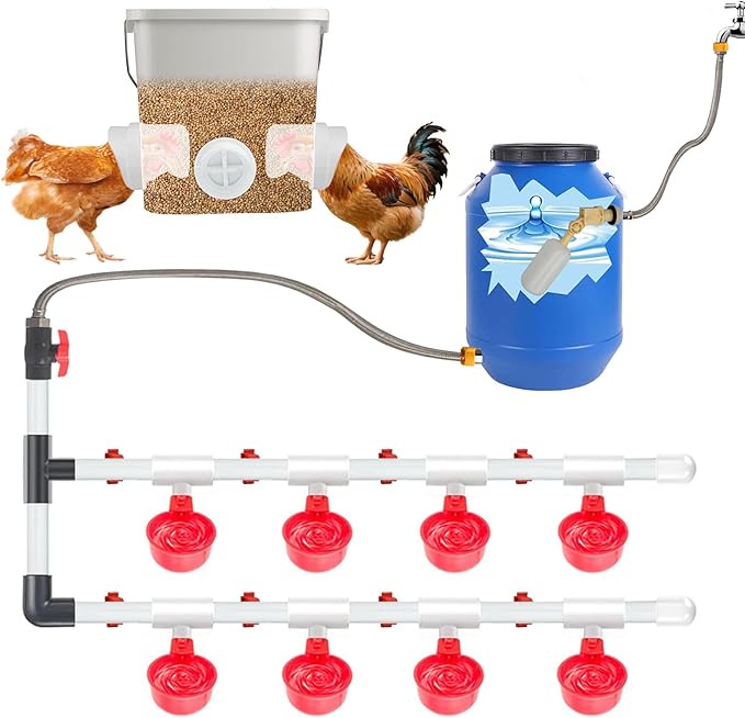 68 Accessories Complete Set Pipeline Automatic DIY Chicken Waterer Feeder System,with Chicken Water Cups, Poultry Feeder,Ports Hole Saw,PVC Pipeline,Float Valve and Garden Hose,Glue,Tape.