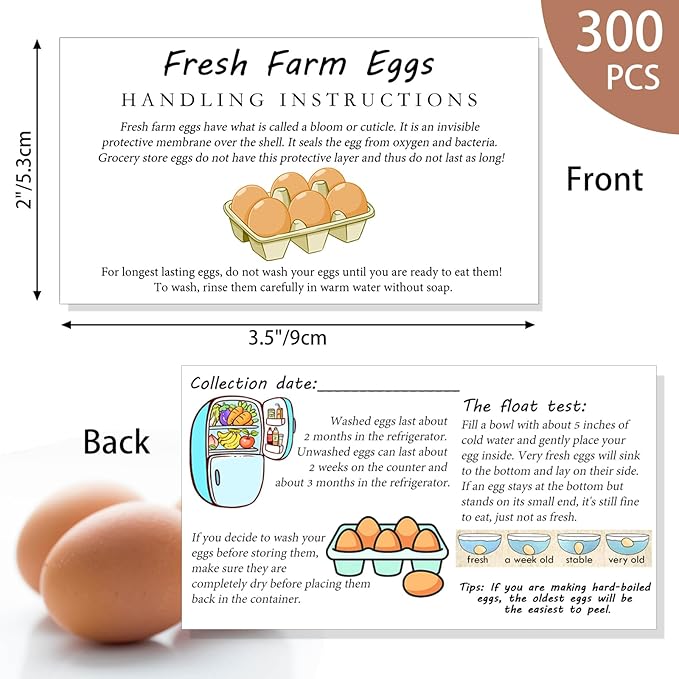 300 PCS Fresh Farm Eggs Handling Instructions Cards, 2x3.5" Cards for Carton, Basket, Farm, Supermarket