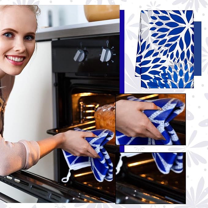Geyoga 4 Pcs Chicken Kitchen Towels Rooster Dish Hand Towels Farm Animal Cow Vintage Rustic Tea Cloth for Spring Easter Bathroom Farmhouse Decor Gifts, 16 x 24 Inch(Blue, Gray,Floral)