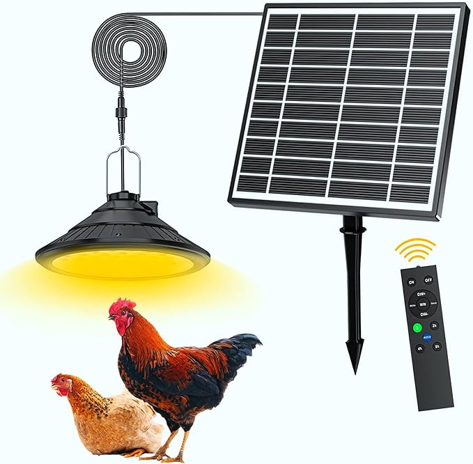 Solar Chicken Coop Light with Timer | 3-Color Dimmable LED, IP66 Waterproof & 16.4ft Cord | Hanging Ceiling Pendant Light for Poultry Farms, Coops(with Solar Panels, Carabiner)