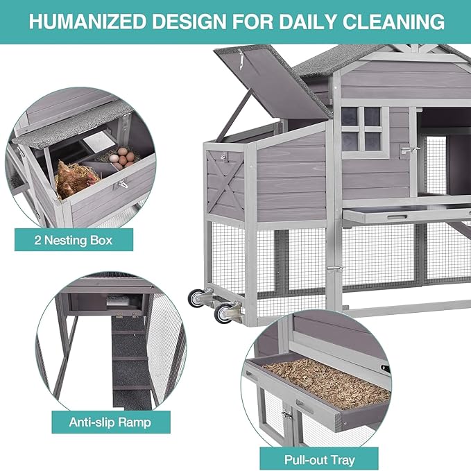 Outdoor Chicken Coop with Run, 2-Story Wooden Hen House with Wheels, Waterproof Roof & Pull-Out Tray for 2-4 Chickens (Grey)