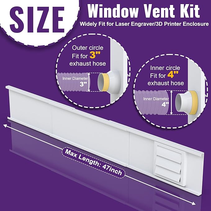 Mxclimate Window Vent Kit Fit with 3”/4” Ducting Hose for Sliding Windows,Adjustable Window Seal Kit for Duct Fans,3D Printer Enclosure,Dryer,Grow Tent