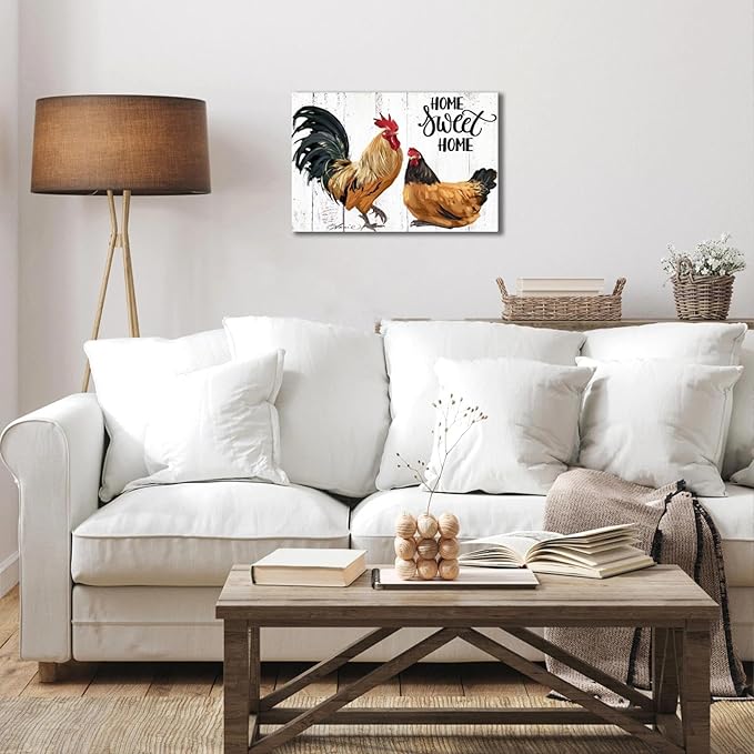 Farmhouse Rooster Wall Art Canvas Print - Rustic Kitchen Decor Painting for Home, Country Chicken Themed Artwork 10“x15"