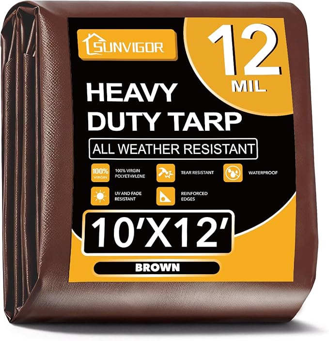 Sunvigor Tarp Waterproof 10x12Ft, Extra Thick 12 Mil Heavy Duty Tarp Cover, Tear & Fade Resistant, Outdoor Tarps with Brass Grommets and Reinforced Edges for Roof, Camping, Patio, Boat (Brown)