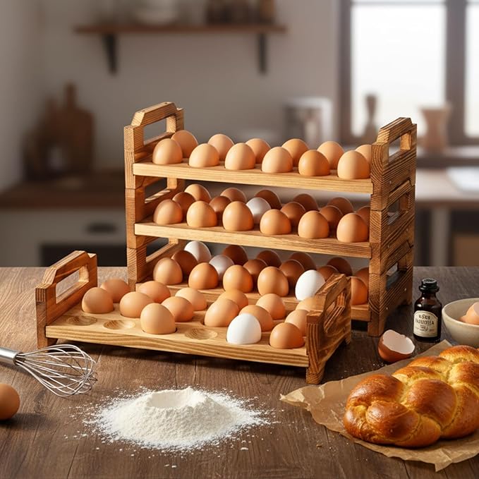 4 Tier Wooden Egg Holder for Countertop, Pine Stackable Fresh Egg Storage Farmhouse Collecting Rack for Gathering Kitchen Organizer Duck Eggs Display, Stackable with 72 Eggs(Brown)