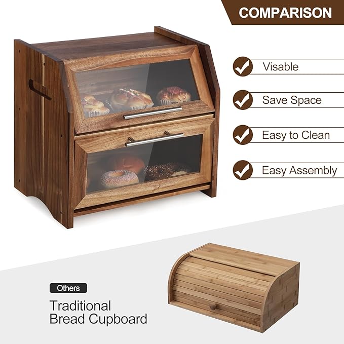 Garvee Double Layer Bread Box – Acacia Wood Bread Bin with Clear Acrylic Door & Air Vents, Rustic Countertop Bread Storage Container for Homemade Bread, Bagels, Muffins (Brown & Silver)