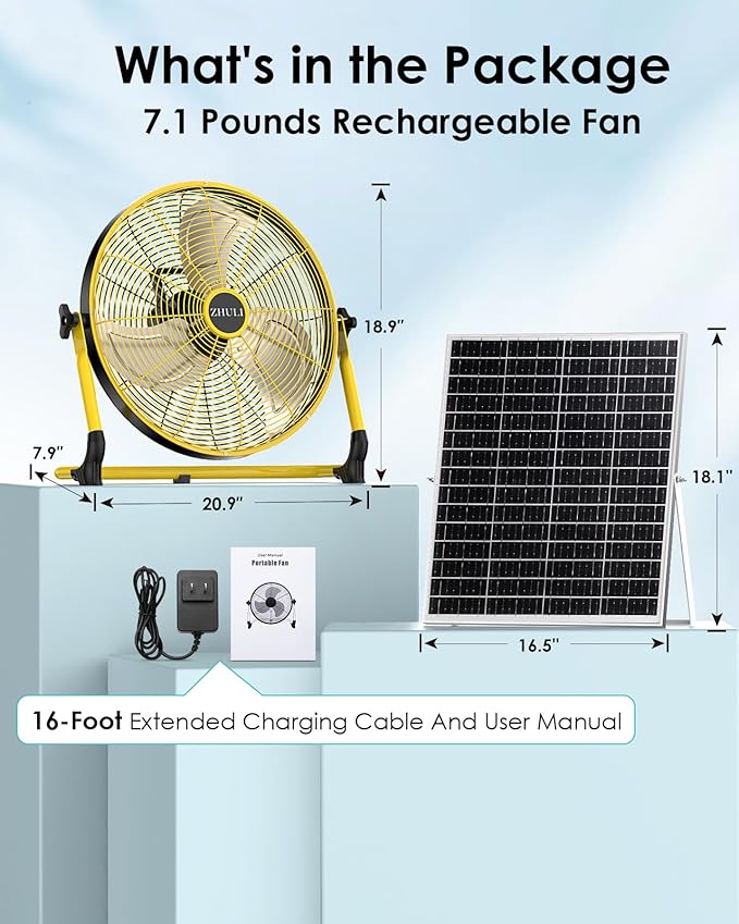 ZHULI 18" Solar Fan, Portable Battery Operated Floor Fan, Rechargeable Cordless Camping Fan, 40W Solar Panel, Hi-Velocity Brushless Motor, Metal blade, USB Phone Charge, 8~60H Runtime, Quiet, Wireless