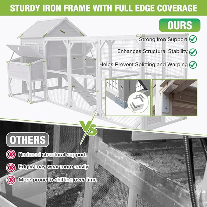 Large Chicken Coop Outdoor Waterproof Chicken Run with Asphalt Roof, Wooden Poultry Enclosure with Easy-Clean Slide-Out Tray for 8-10 Chickens Poultry Cage with Nesting Boxes for Duck Rabbit