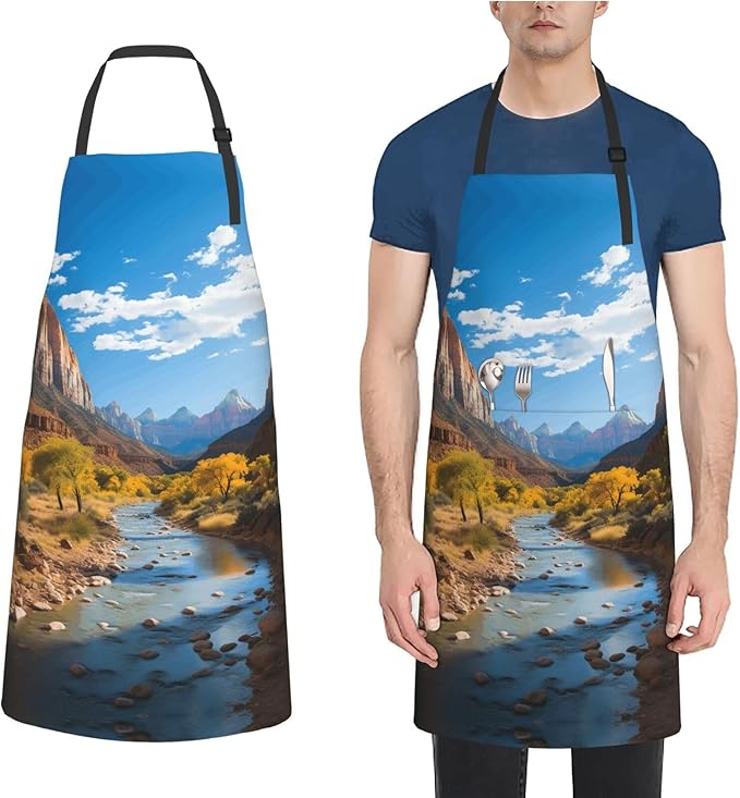 Kitchen Aprons for Men Women Waterproof Apron with 2 Pockets Skis on mountain Apron Adjustable Bib Aprons