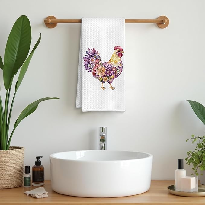 Rustic Purple Floral Rooster Kitchen Towels, Gifts for Chicken Lovers Dish Tea Towels, Farmhouse Flower Chicken Decorative Hand Towel for Bathroom Kitchen, 16x24 Inch