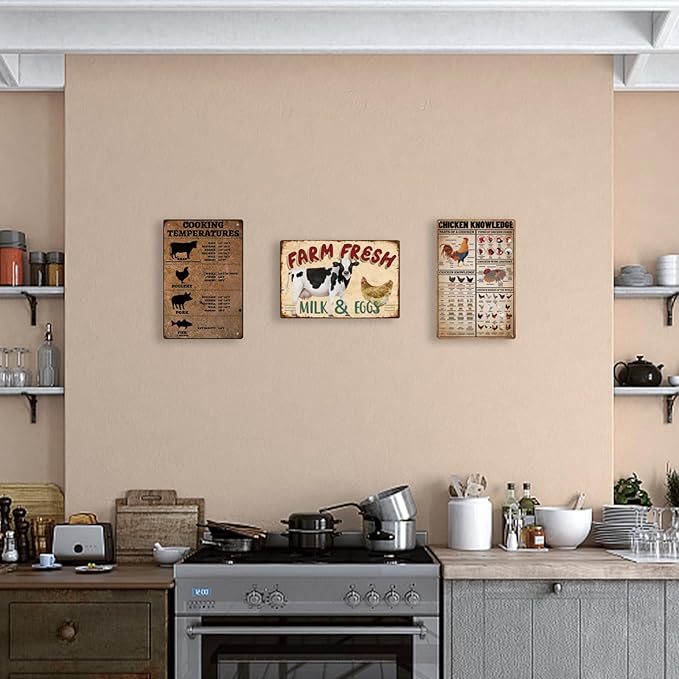 SUPERDANT Farm Fresh Tin Sign Cow Chicken Vintage Metal Tin Signs Funny Metal Wall Art Painting Iron Decor for Dining Room Farmhouse Kitchen Pantry Outdoor Wooden Fence Wall Decoration