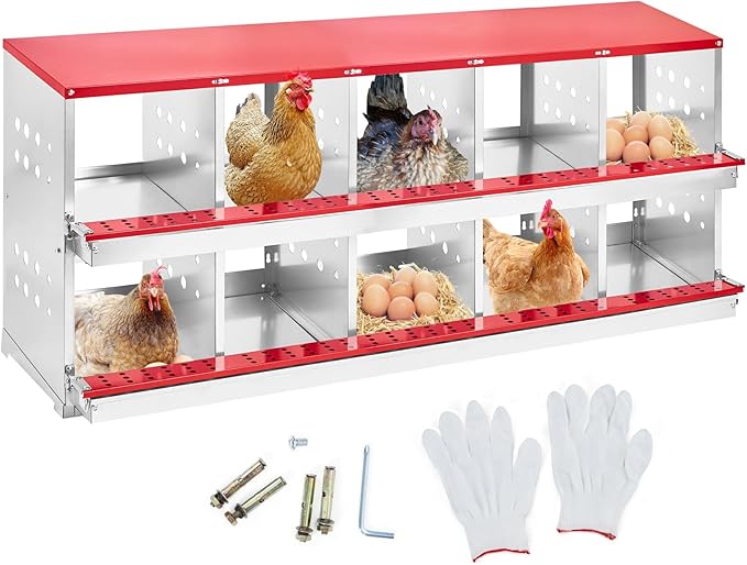 Heavy Duty Metal Chicken Nesting Box – 10 Compartments, Roll-Out Egg Tray, Pull-Out Cleaning Tray, Swing Perch, Wall Mount, with Cover-Red, 160×48×71cm