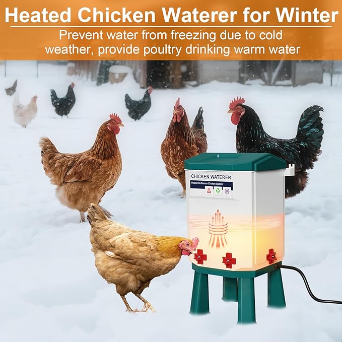 3-Gallon Heated Chicken Waterer for Winter, Chicken Water Heater with 4 No-Freeze Nipples, Easy-Fill Winter Hanging Chicken Waterer, Clean & Heated Chicken Water for Chickens, Birds