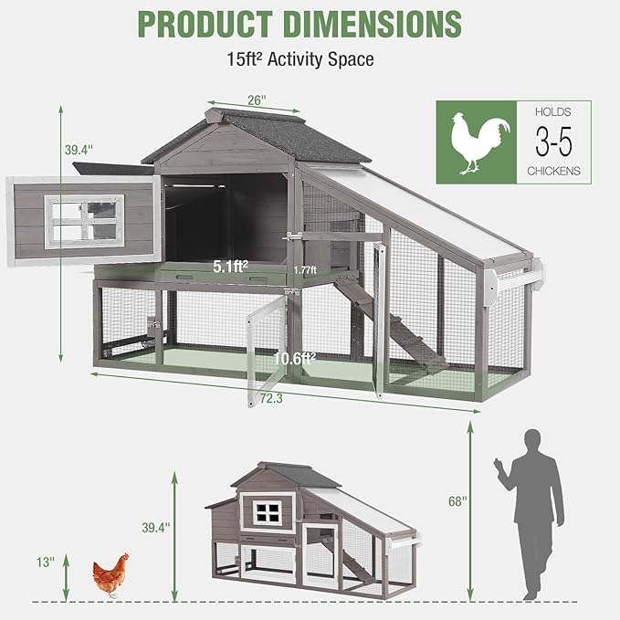Mobile Chicken Coop with Run Large Hen House with Wheels Chicken House Poultry Cage with Nesting Box, Pull-Out Tray, Waterproof Roof for 3-5 Chickens (Brown, 72.3" L x 26" W x 39.4" H)