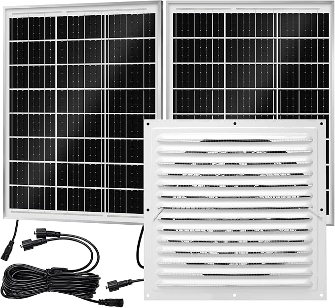 Solar Attic Fan Kit, 2pcs 20W Solar Panels + 25W DC Fan (Up to 1200RPM), Plug and Play, for Attic, Roof Vent, Greenhouse or Chicken Coop