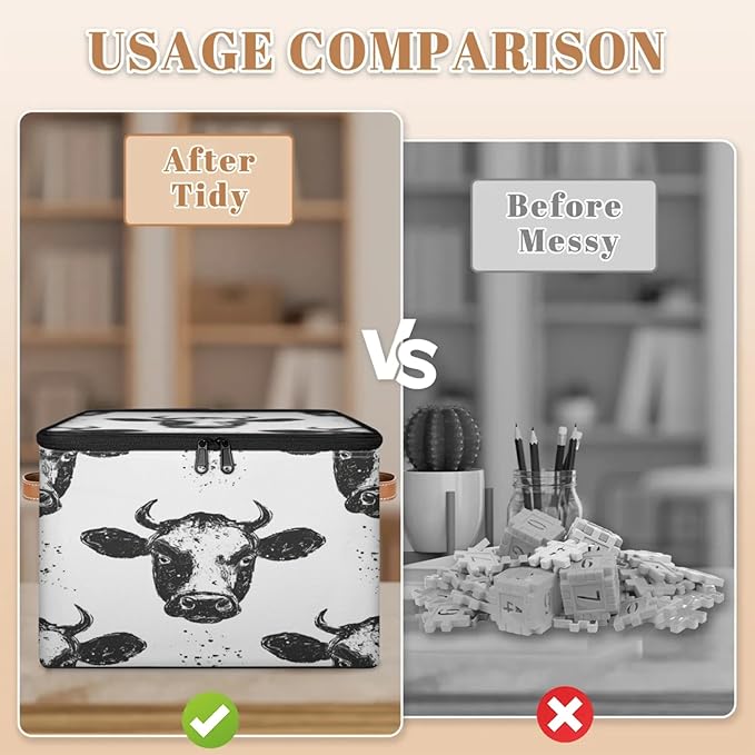 Storage Cubes with Lid Fabric Storage Bins Boxes PU Leather Handles, Farm Cow Closet Organizer Container Foldable Washable Shelf Cloth Basket, Wild Animal Cow
