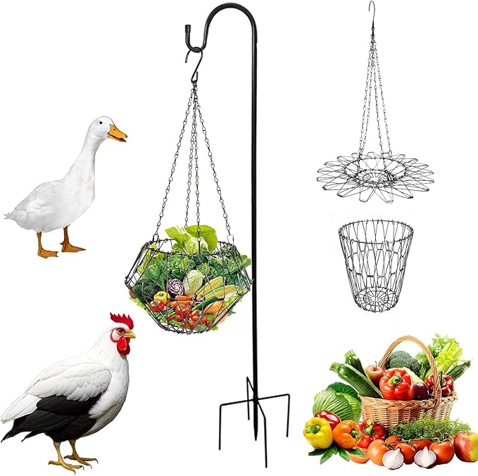 Hanging Chicken Feeder,Foldable Large Poultry Accessories Vegetable Fruits Feeder Basket with 4 Firm Hanging Chain and Hook,Chicken BoredomToys for Coop (1 Pack with 1 Hook)