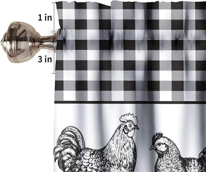 Rooster Valance Curtains Black White Buffalo Plaid Retro Rustic Farm Animals Rod Pocket Curtain Valance for Kitchen Bedroom Living Room Decor 1 Panel W54xL18 Inch