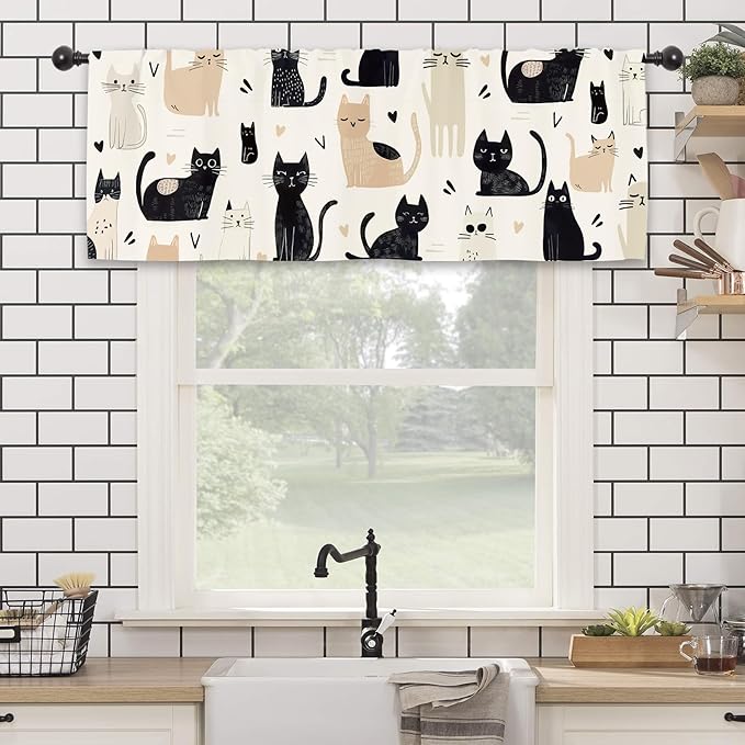 Cute Cartoon Cat Kitchen Curtain Valance 54W x 18L Inch Funny Pet Kitten Animal Rod Pocket Short Cafe Small Window Treatment Drapes Decor