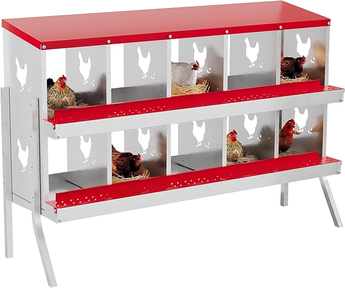 10 Hole Chicken Nesting Box, Galvanized Steel Nesting Boxes with Vented Design, Laying Nesting Boxes for Hens, Wall Mount, Red with Stand
