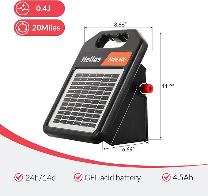 Andmon MINI400 20 Miles Solar Electric Fence Charger with Day/Night Mode 0.4J Output Energy Electric Fence Energizer
