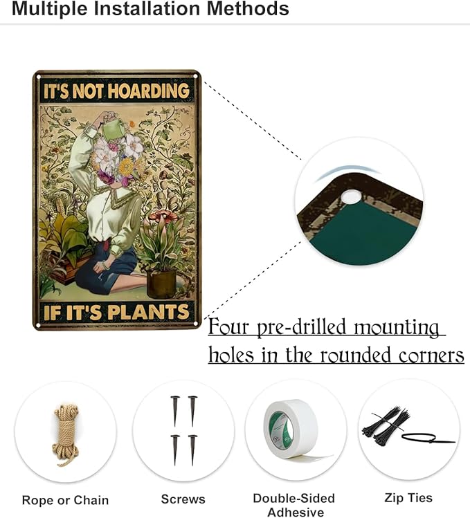 Vintage Gardening Tin Sign, It's Not Hoarding If It's Plants, 8 x 12 Inches Novelty Funny Garden Signs