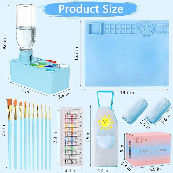 Elisel Painting Station,5 IN 1 Art Paint Supplies Kits,Paint Brush Cleaner (Upgraded),20"X16" Silicone Painting Mat 12 Colors Paint Set,10 Paint Brushes and Painting Apron for Kids Artist Beginners