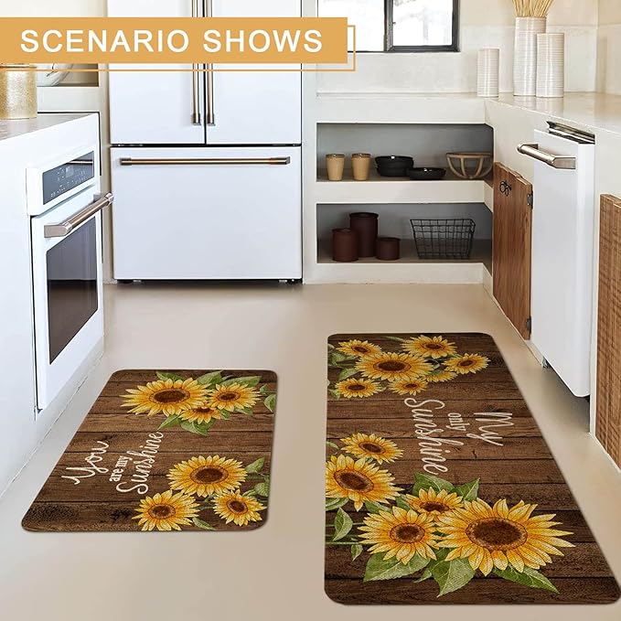 Roszwtit Farmhouse Kitchen Rugs and Mats Set of 2, Sunflower Kitchen Mat, Seasonal Spring Summer Cooking Sets Low-Profile Non-Slip Floor Mats for Home Kitchen Decor - 17x29 and 17x47 Inch