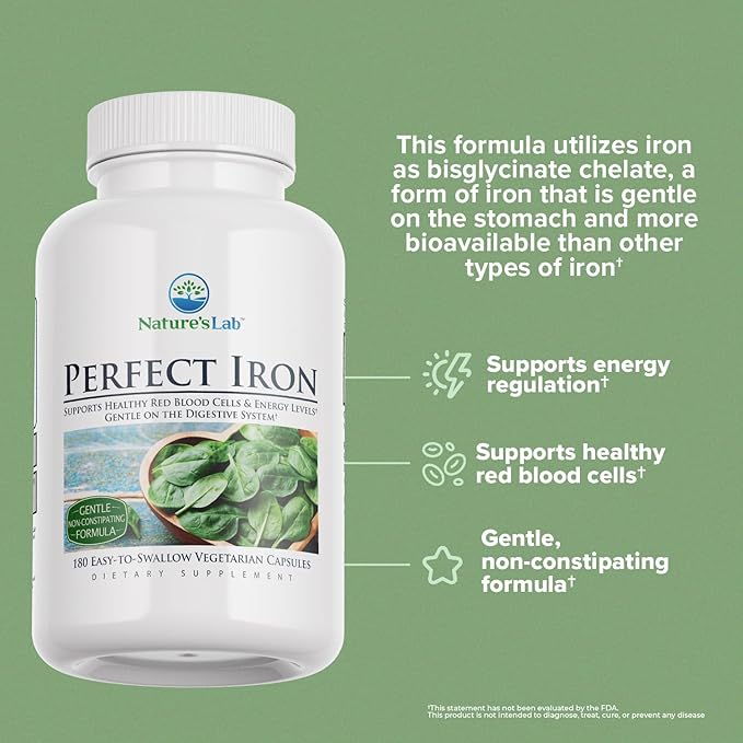 Nature's Lab Perfect Iron 25mg Dietary Supplement - Gentle Non-Constipating Formula - Supports Healthy Red Blood Cells & Energy Levels - 180 Capsules (6 Month Supply)