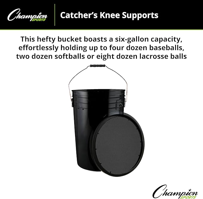Champion Sports 6 Gallon Bucket with Padded Soft Seat Lid - Durable Construction - Balls Not Included - Ideal for Baseball, Softball, T-Ball, Practice Balls, and Lacrosse – Black