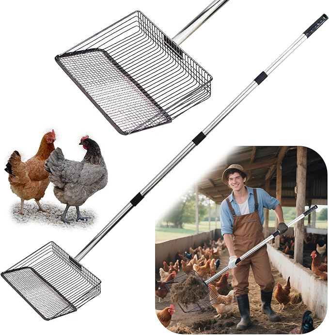 Chicken Poop Scooper - 54" Long Handle Chicken Coop Cleaner, 10" Wide Metal Waste Scooper for Poultry Waste